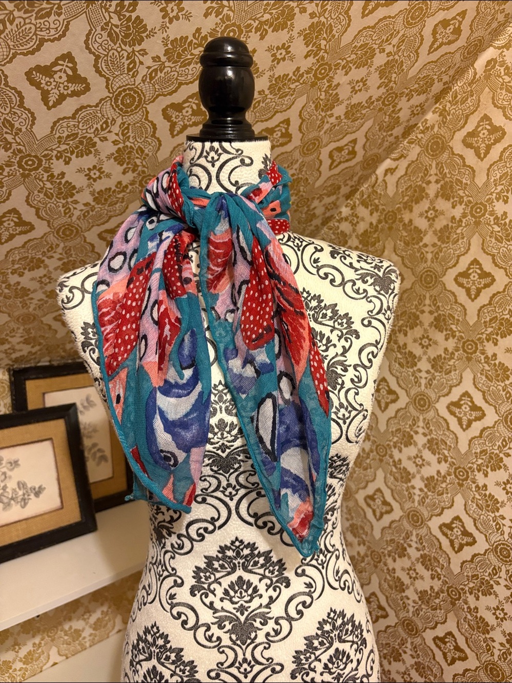 Vintage Teal Fish Pattern Scarf with Red, Pink and Yellow Accents